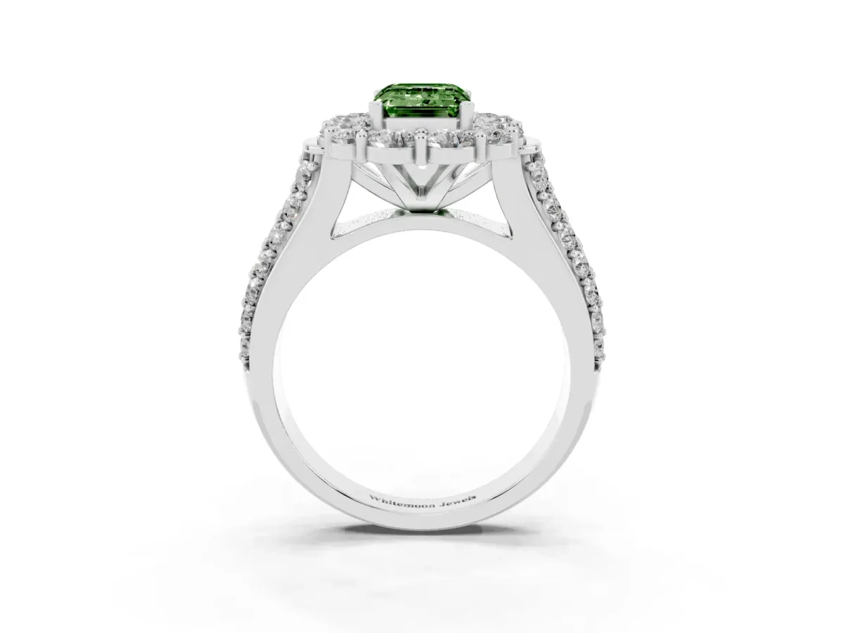 Fancy Green Emerald Cut Halo Diamond Engagement Ring with Split Shank and Prong Setting Silver