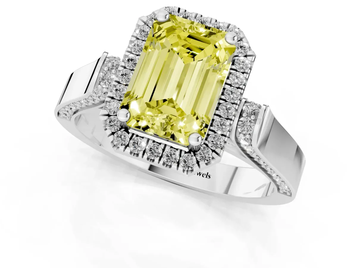 Fancy Yellow Emerald Cut Halo Round Diamond Twist Band with Four-Prong Setting White gold