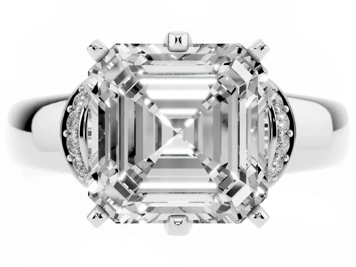 Asscher Cut Solitaire Diamond Ring with Pave Band and Six-Prong Setting Silver