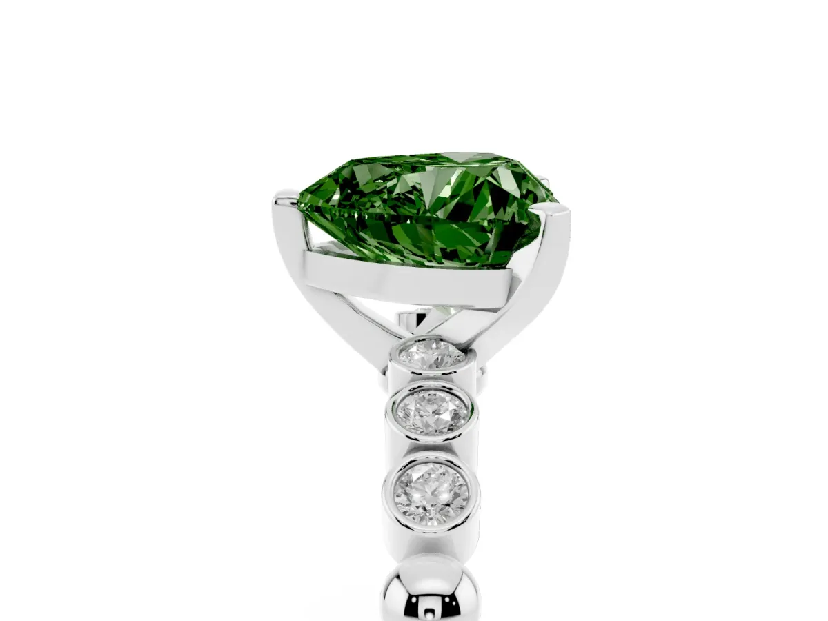 Fancy Green Heart Cut Solitaire Bezel Accent Diamond Engagement Ring with Beaded Band and Four-Prong Setting Silver