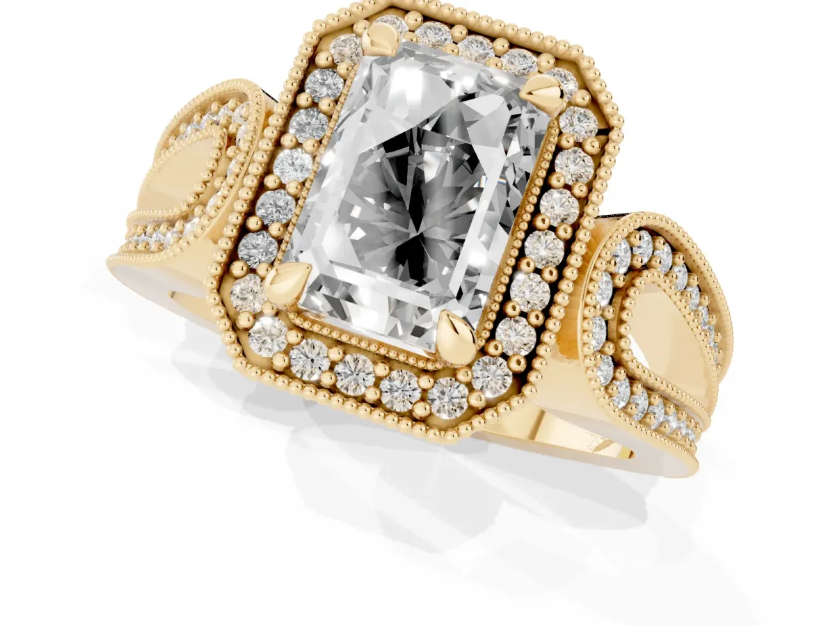 Emerald Cut Halo Split Shank Milgrain Diamond Ring Yellow gold