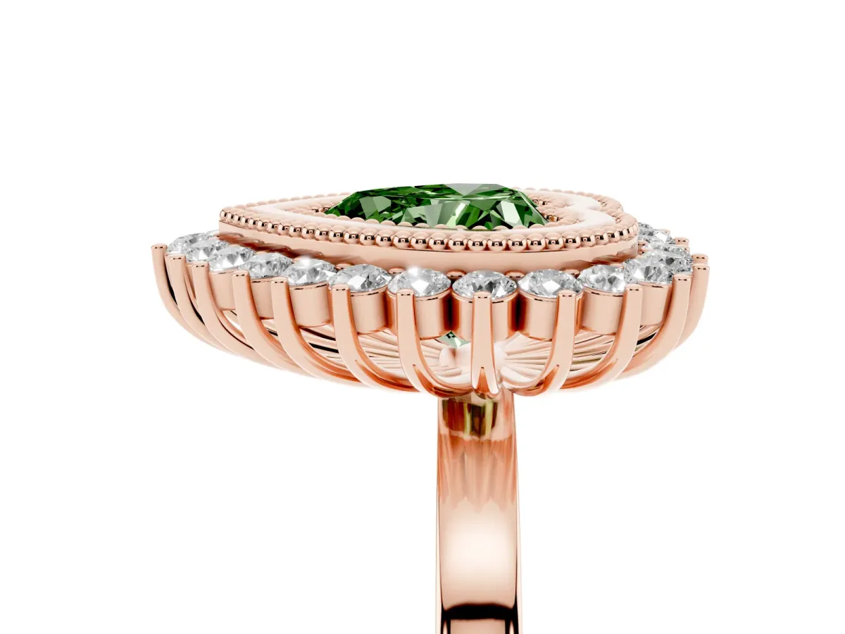 Fancy Green Heart Cut Halo Diamond Ring with Milgrain Edge and Round Prong Setting Rose gold