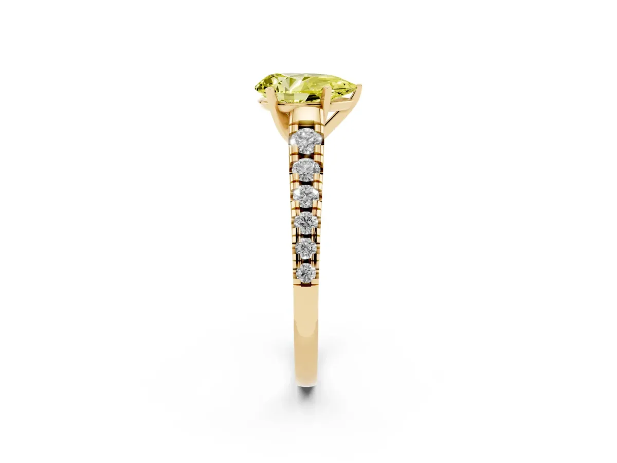 Fancy Yellow Pear Cut Diamond Cathedral Solitaire Ring with Round Pavé Band Yellow gold