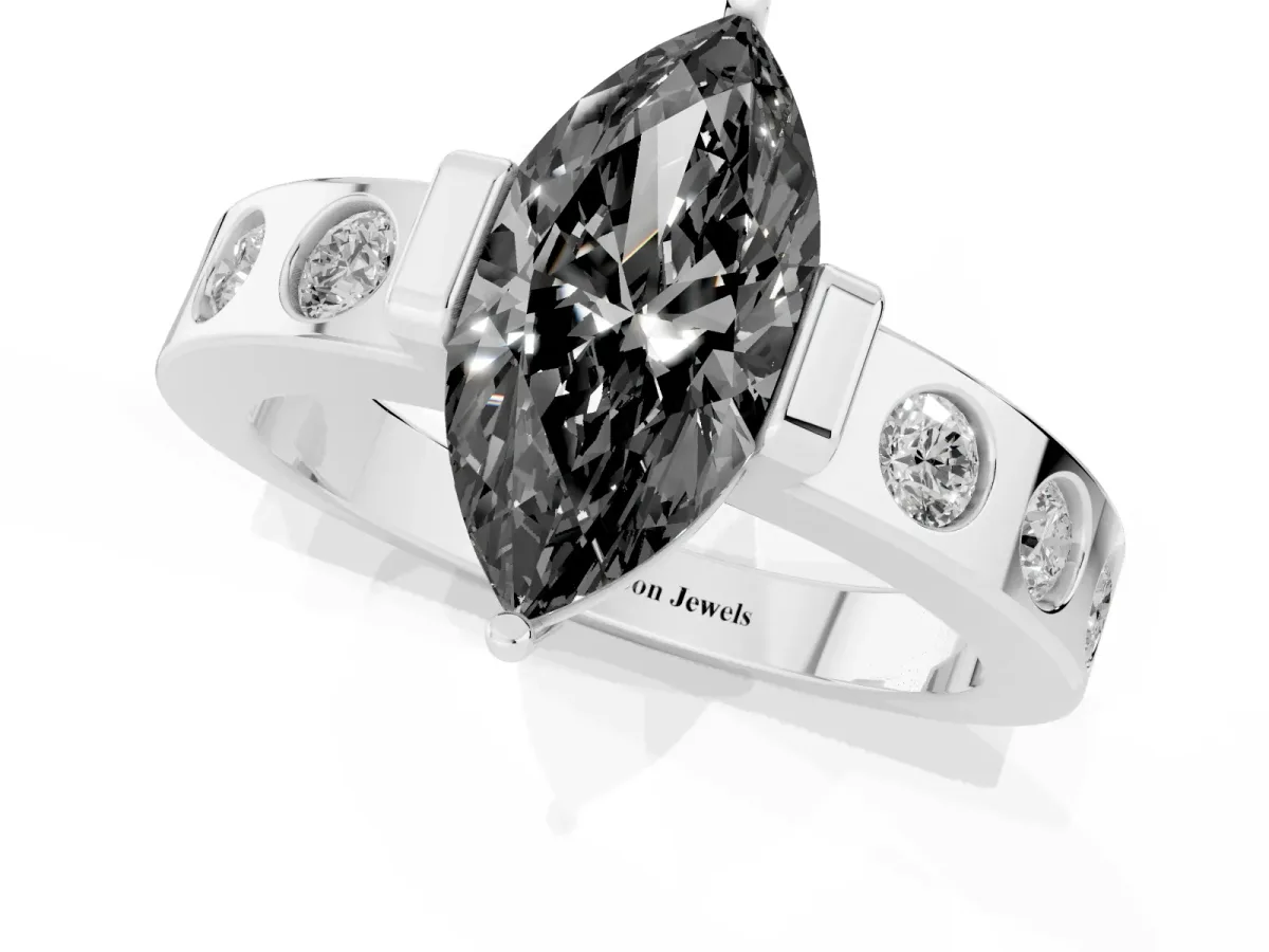 Fancy Black Marquise Cut Brilliant Channel-Set Diamond Ring with Bezel Prong Setting Silver