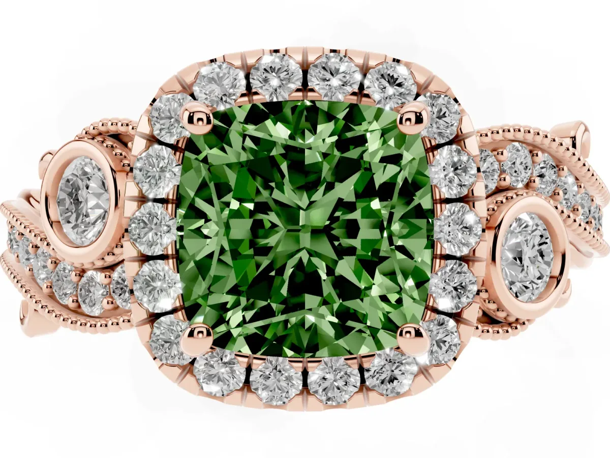Fancy Green Cushion Cut Halo Diamond Ring with Milgrain and Bezel Accents on a Split Shank Band Rose gold
