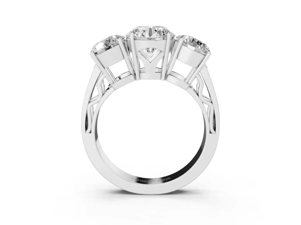 Round Cut Diamond Three-Stone Ring with Prong Setting and Textured Band Silver