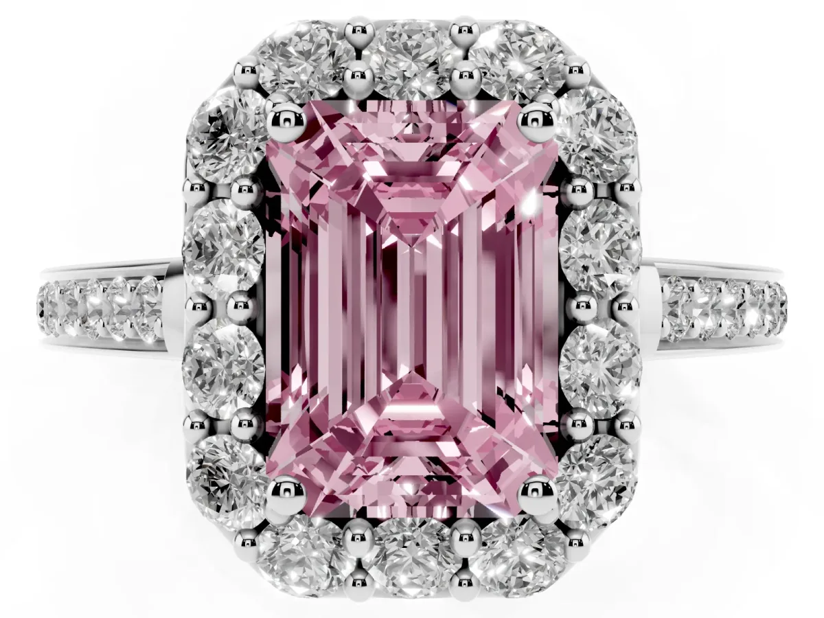 Fancy Pink Emerald Cut Diamond Floral Halo Ring with Pavé Band and Prong Setting Platinum