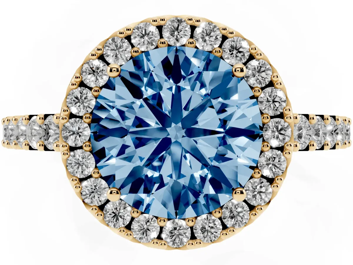 Fancy Blue Round Cut Halo Diamond Pavé Solitaire Ring Yellow gold