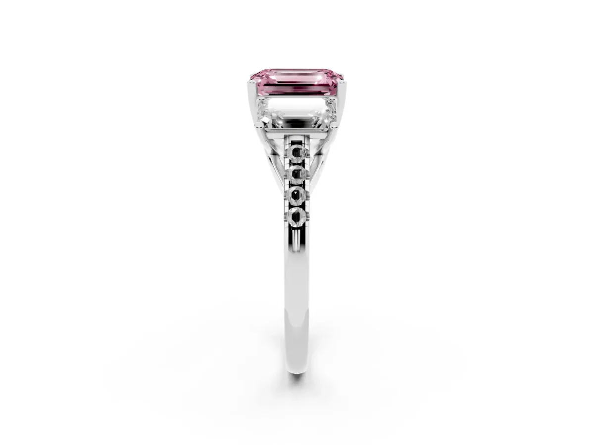 Fancy Pink Three-Stone Emerald Cut Diamond Ring with Round Pavé Band and Prong Setting Silver