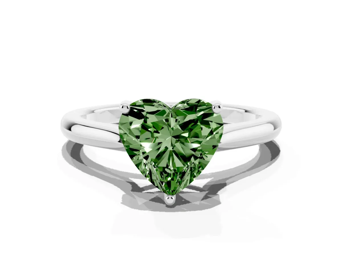 Fancy Green Heart Cut Cut Solitaire Ring with Cathedral Band and Four-Prong Setting Silver