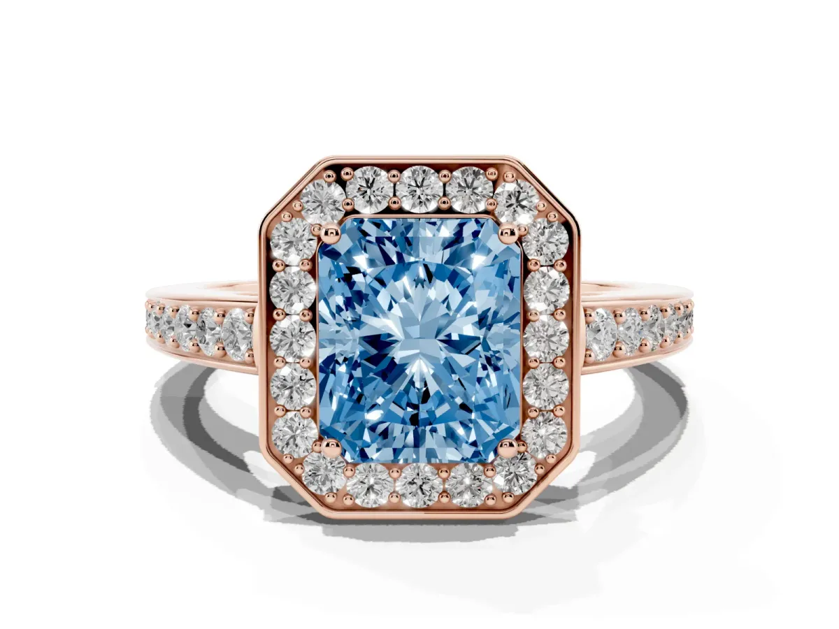 Fancy Blue Radiant Cut Halo Pavé Diamond Engagement Ring with Bezel Setting Rose gold