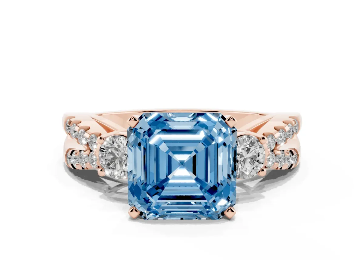 Fancy Blue Asscher Cut Diamond Three-Stone Ring with Pavé Split Shank and Four-Prong Setting Rose gold