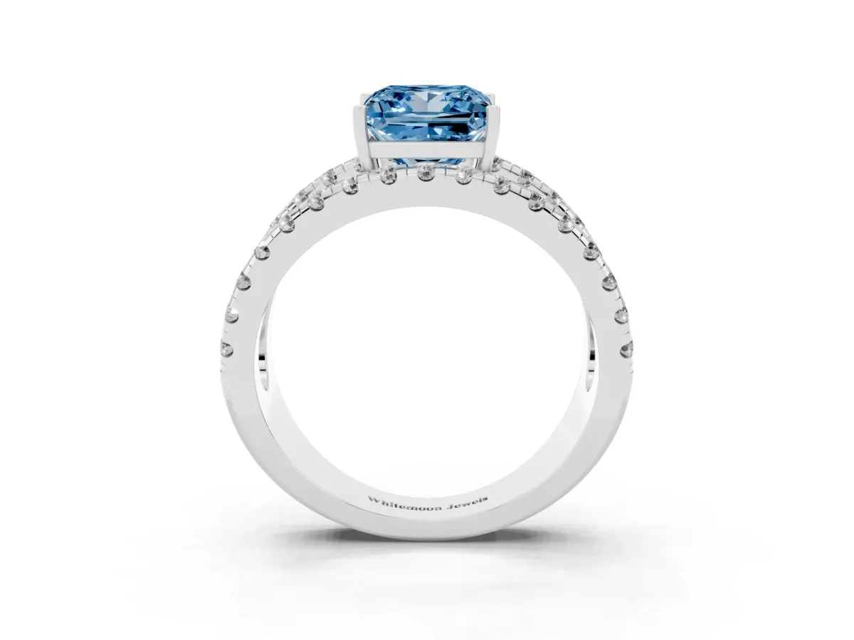 Fancy Blue Princess Cut Solitaire Split Shank Pave Diamond Ring Platinum