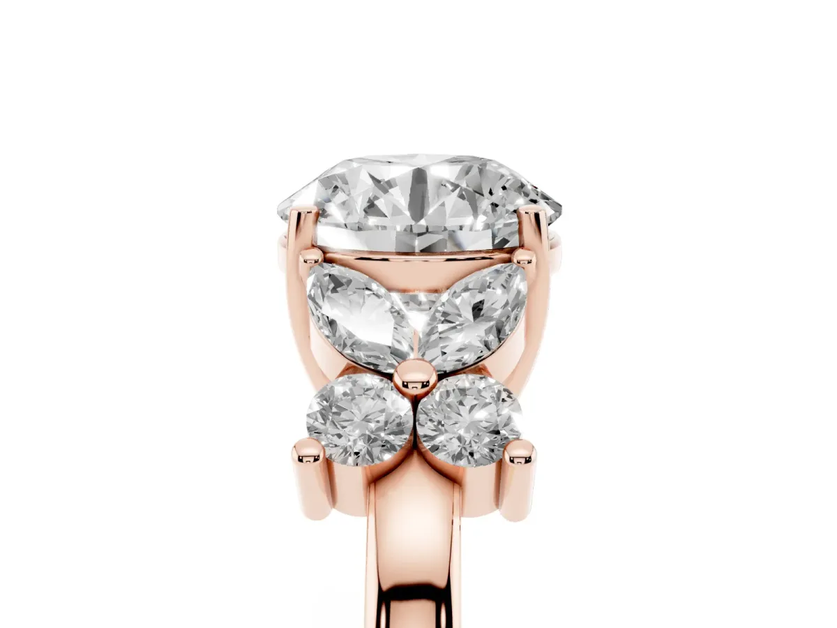 Round Cut Diamond Floral Cluster Ring with Solitaire Band and Prong Setting Rose gold