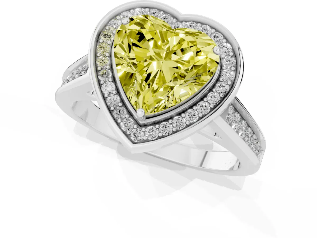 Fancy Yellow Heart Cut Halo Solitaire Diamond Ring with Pave Band and Bezel Setting Silver