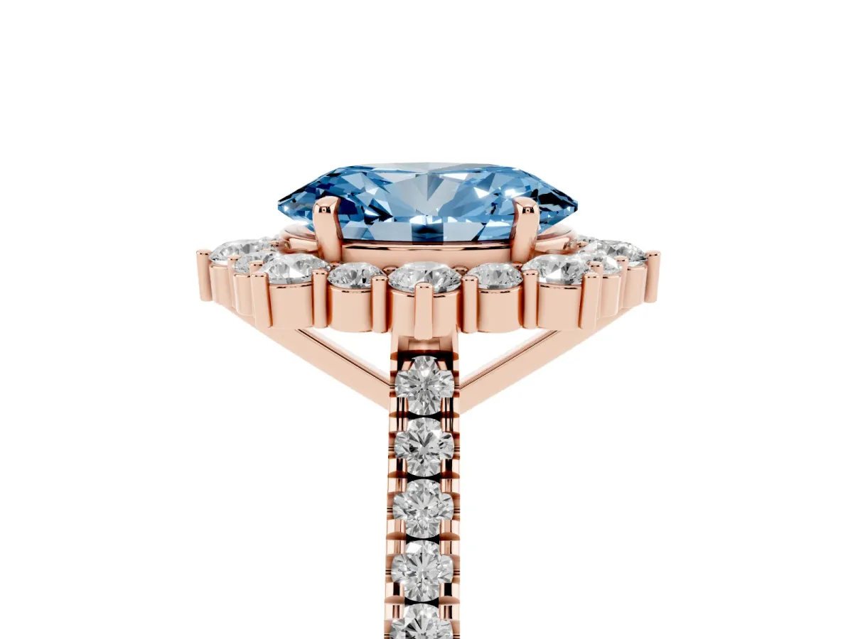 Fancy Blue Oval Cut Halo Diamond Ring with Pavé Band and Prong Setting Rose gold