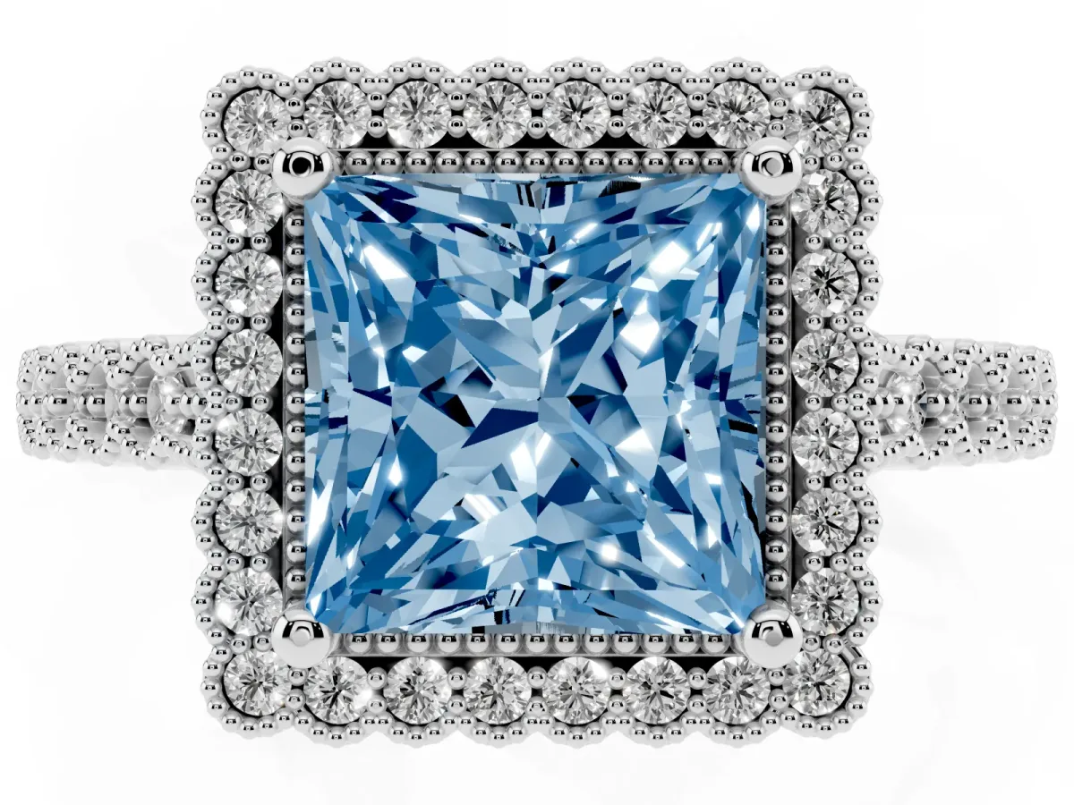Fancy Blue Princess Cut Cut Halo Pavé Solitaire Ring with Milgrain Band White gold