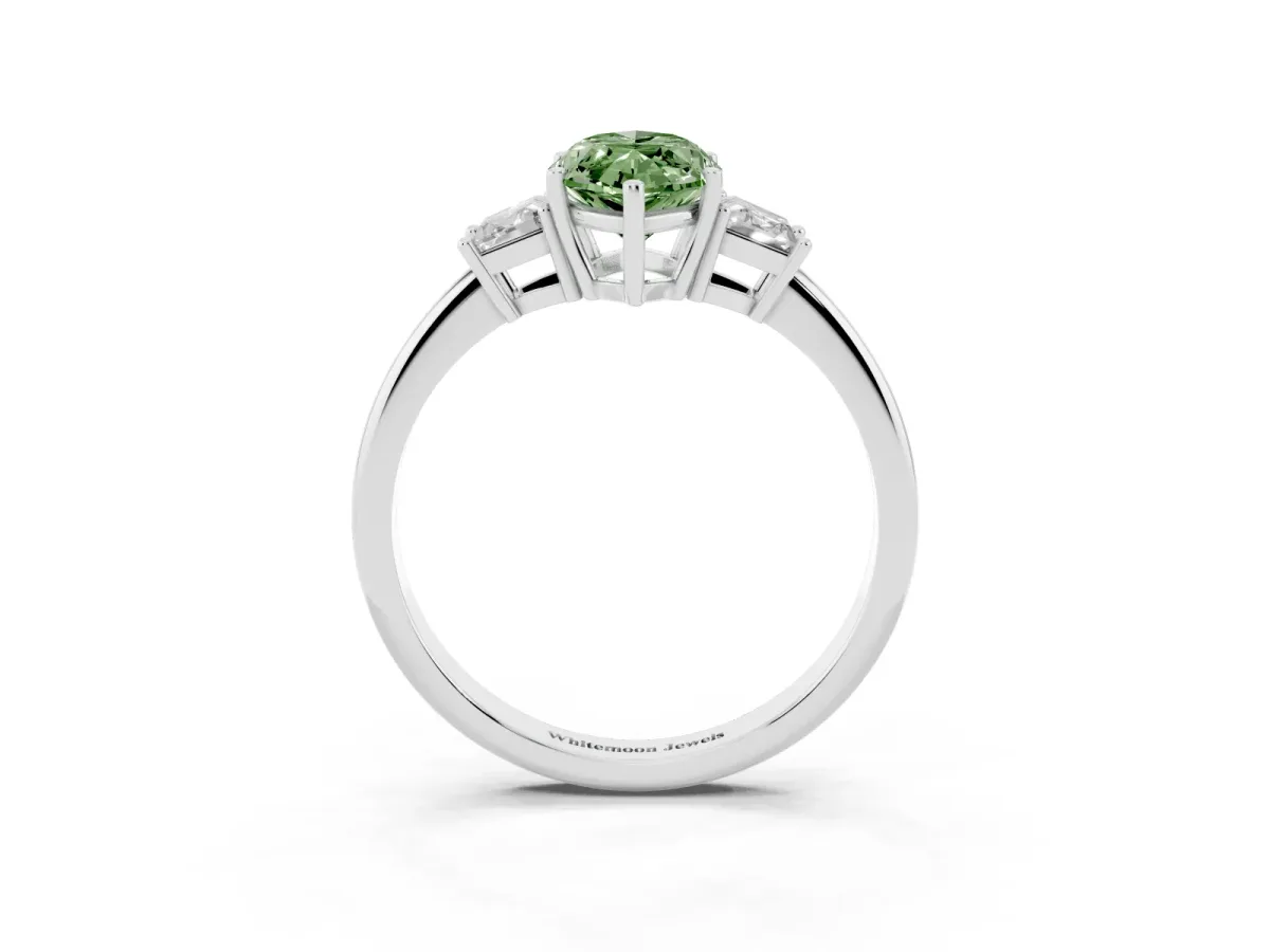Fancy Green Marquise Cut Diamond Three-Stone Ring with Trapezoid Side Stones and Prong Setting Silver