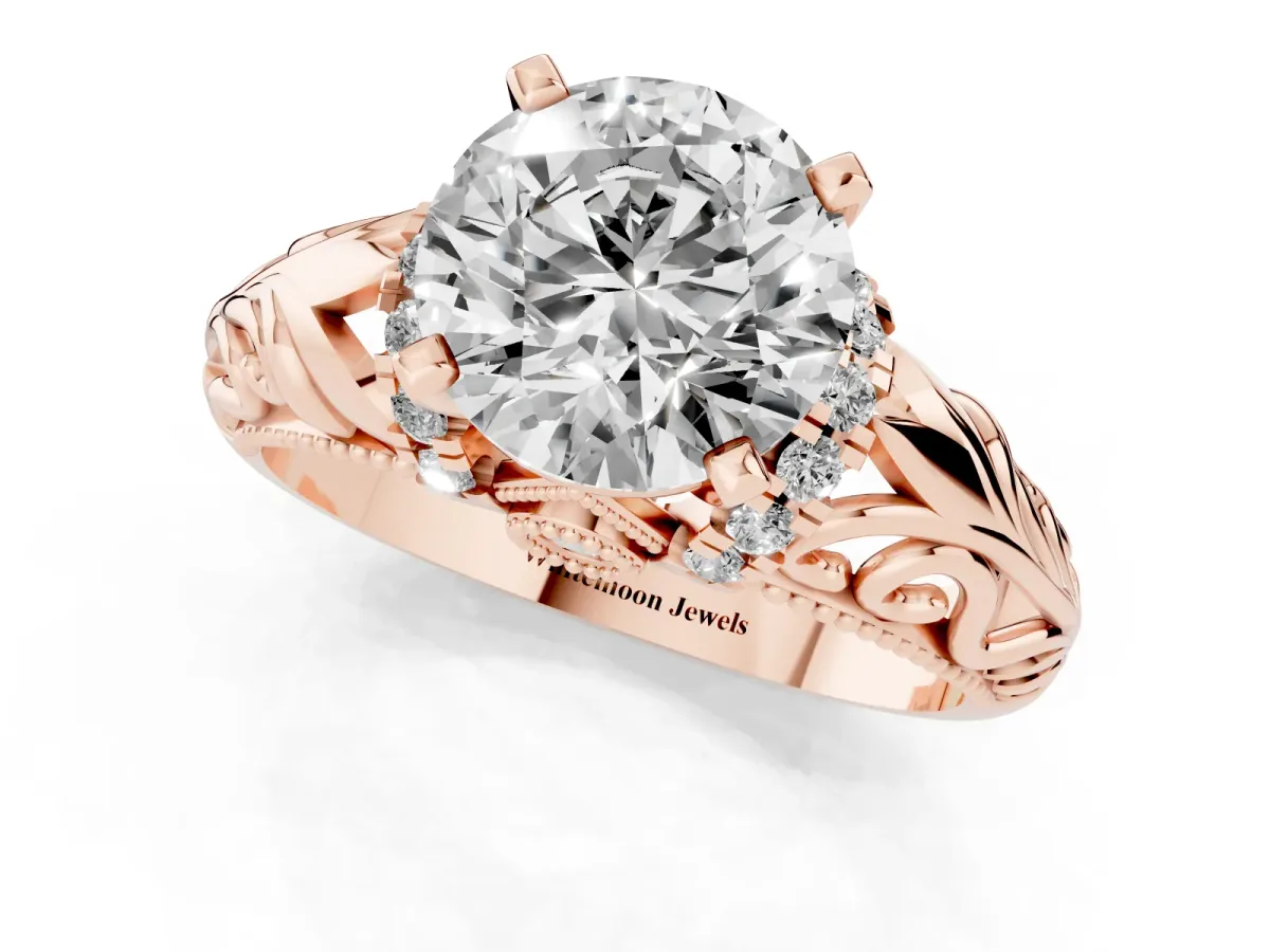 Round Cut Solitaire Filigree Engagement Ring with Halo and Prong Setting Rose gold