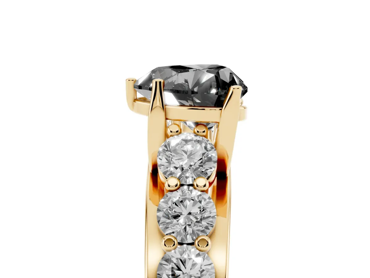Fancy Black Heart Cut Diamond Engagement Ring with Pavé Band and Four-Prong Setting Yellow gold