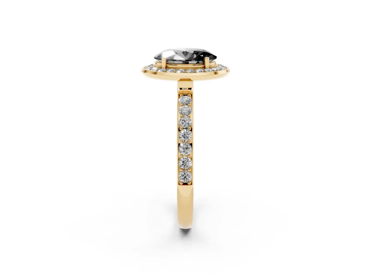 Fancy Black Oval Cut Diamond Halo Ring with Bezel Frame and Pavé Band Yellow gold
