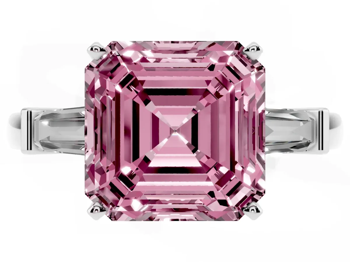 Fancy Pink Asscher Cut Cut Diamond Solitaire Ring with Tapered Baguette Accents and Four-Prong Setting Platinum
