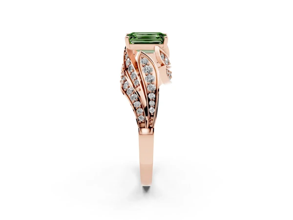 Fancy Green Emerald Cut Diamond Solitaire Ring with Prong Setting and Twisted Pavé Band Rose gold