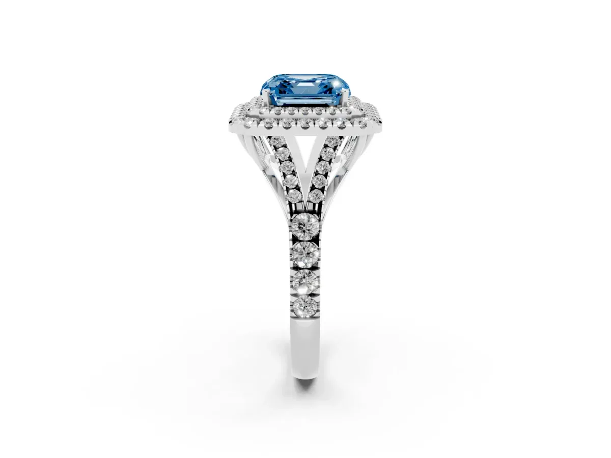 Fancy Blue Asscher Cut Cut Double Halo Split Shank Diamond Ring with Prong Setting Silver