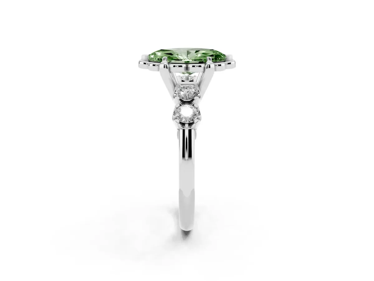 Fancy Green Marquise Cut Cut Diamond Floral Halo Engagement Ring with Shared Prong Setting Silver