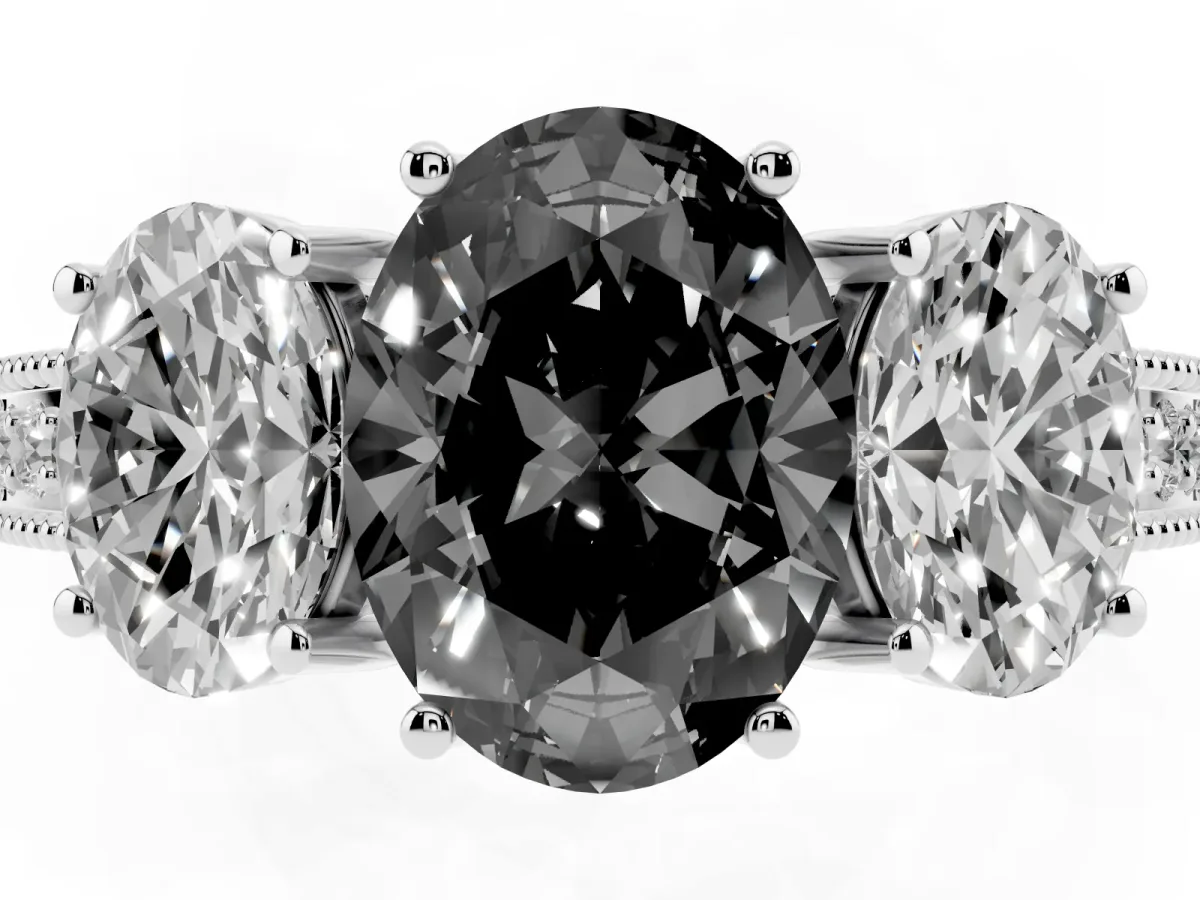 Fancy Black Three-Stone Oval Cut Cut Milgrain Pavé Engagement Ring White gold