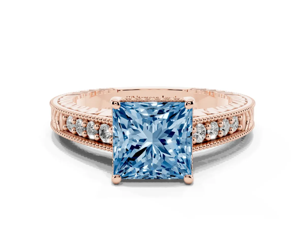 Fancy Blue Princess Cut Solitaire Pavé Diamond Milgrain Engagement Ring with Four-Prong Setting Rose gold