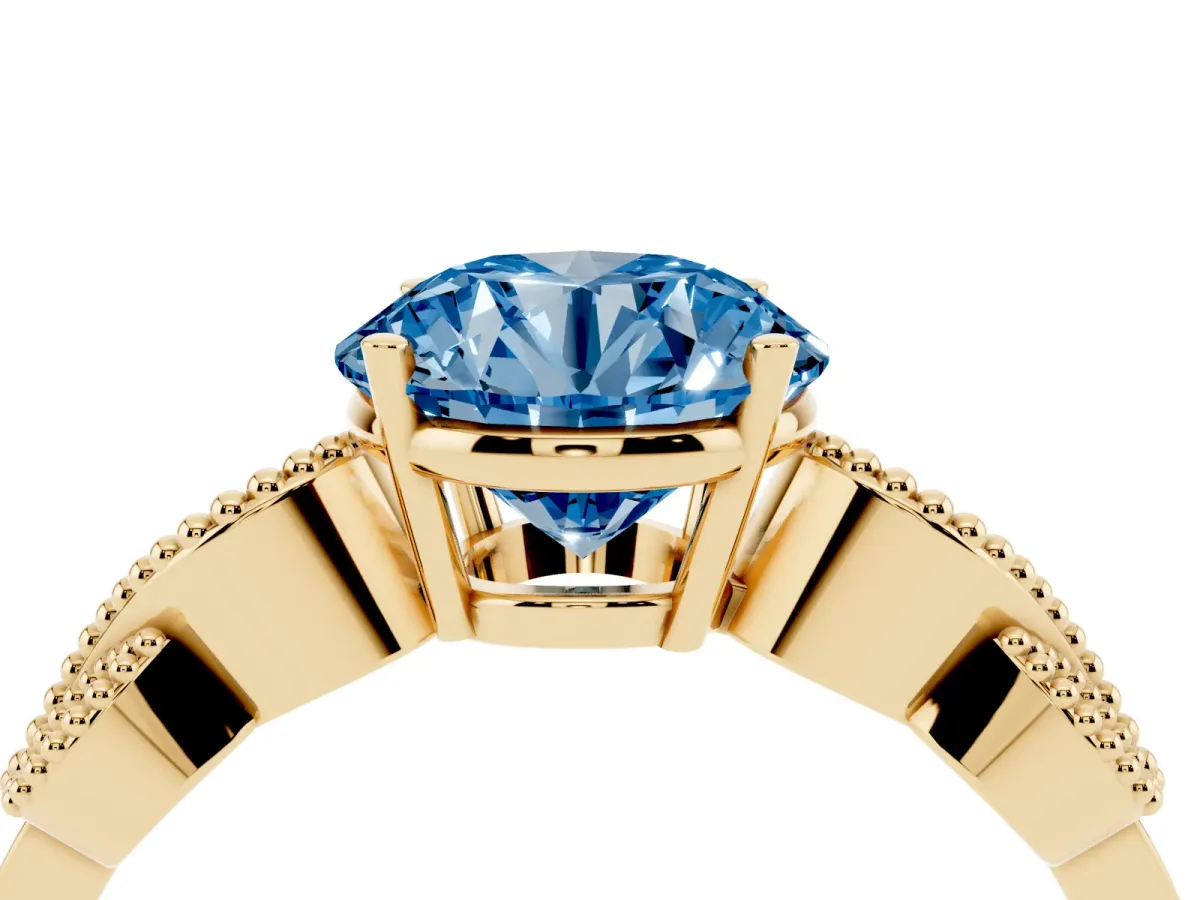 Fancy Blue Round Cut Solitaire Milgrain Leaf Band with Prong Setting Yellow gold