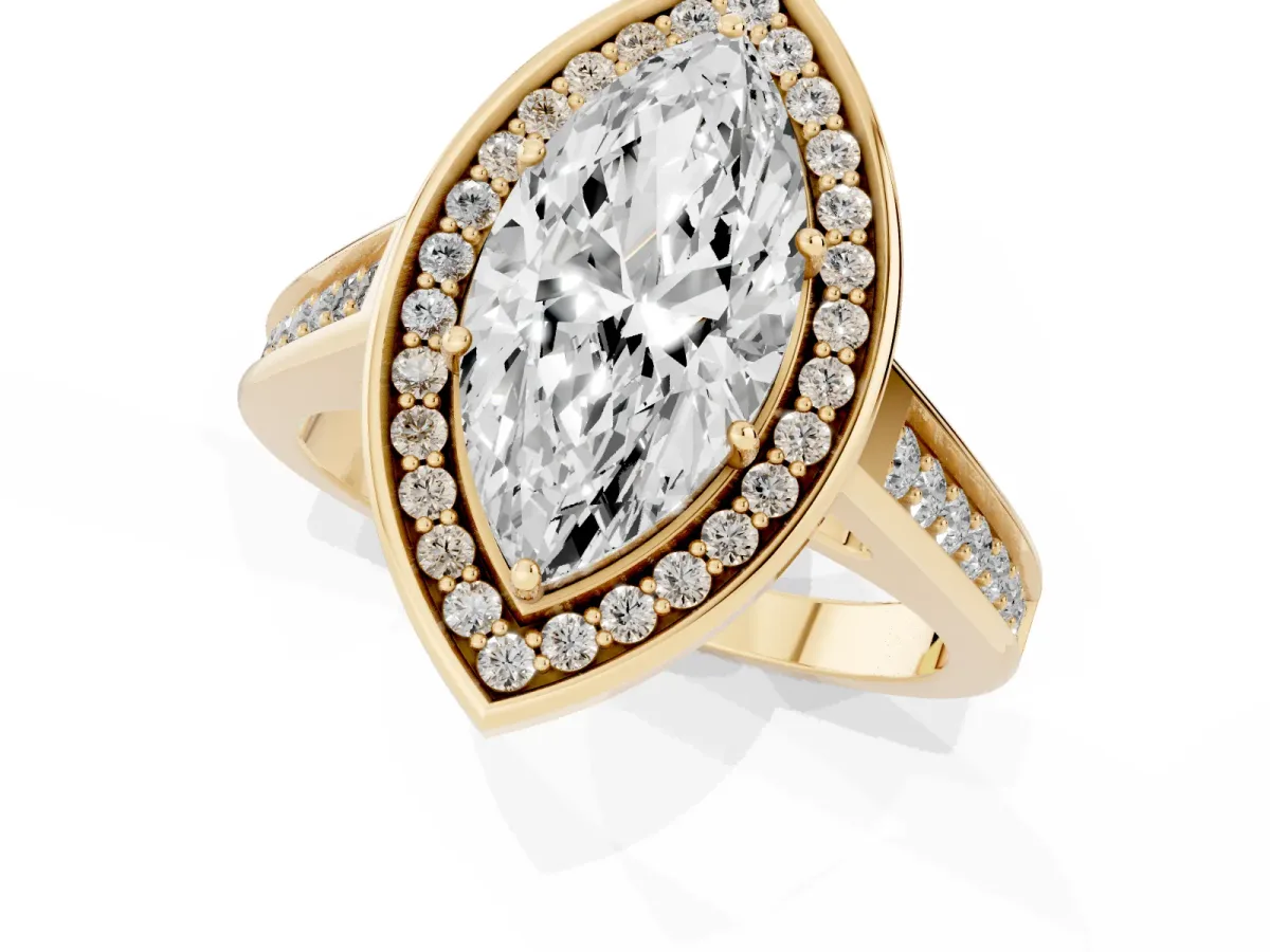 Marquise Cut Halo Solitaire Diamond Ring with Pave Band and Bezel Setting Yellow gold