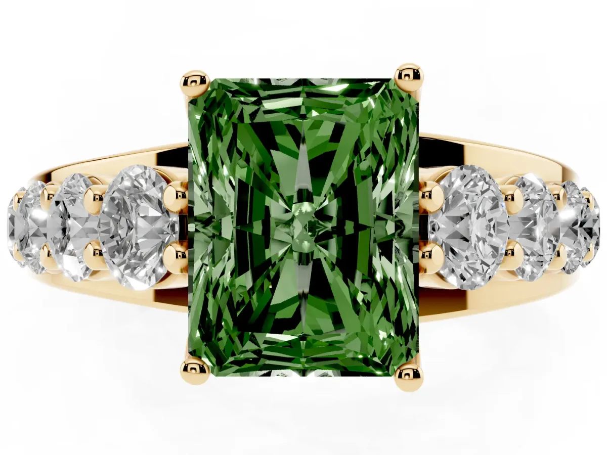 Fancy Green Radiant Cut Diamond Engagement Ring with Pavé Band and Four-Prong Setting Yellow gold