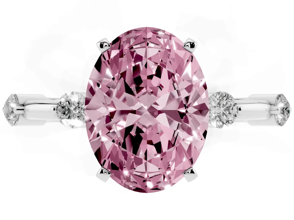 Fancy Pink Oval Cut Solitaire Diamond Ring with Bezel Set Side Stones and Prong Setting Silver
