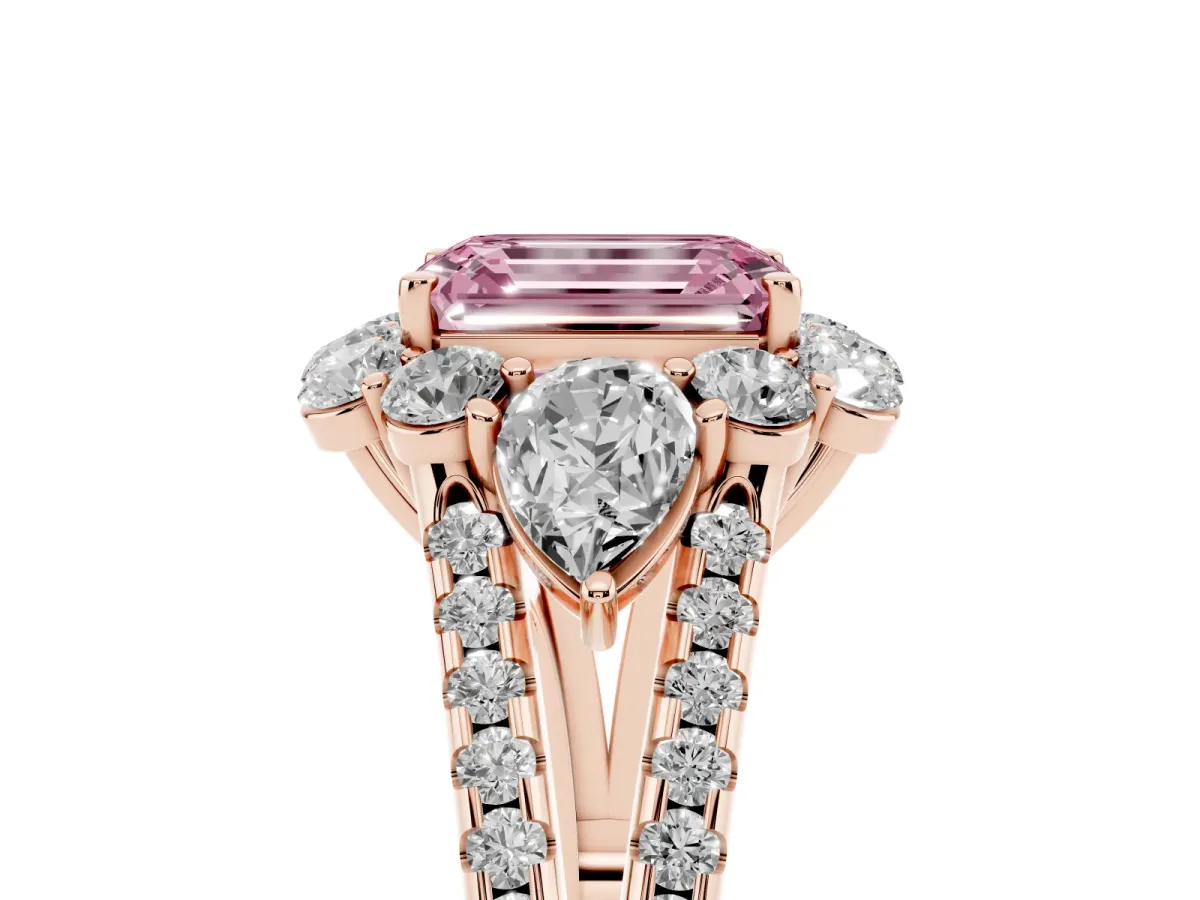 Fancy Pink Emerald Cut Halo Split Shank Diamond Engagement Ring with Prong Setting Rose gold