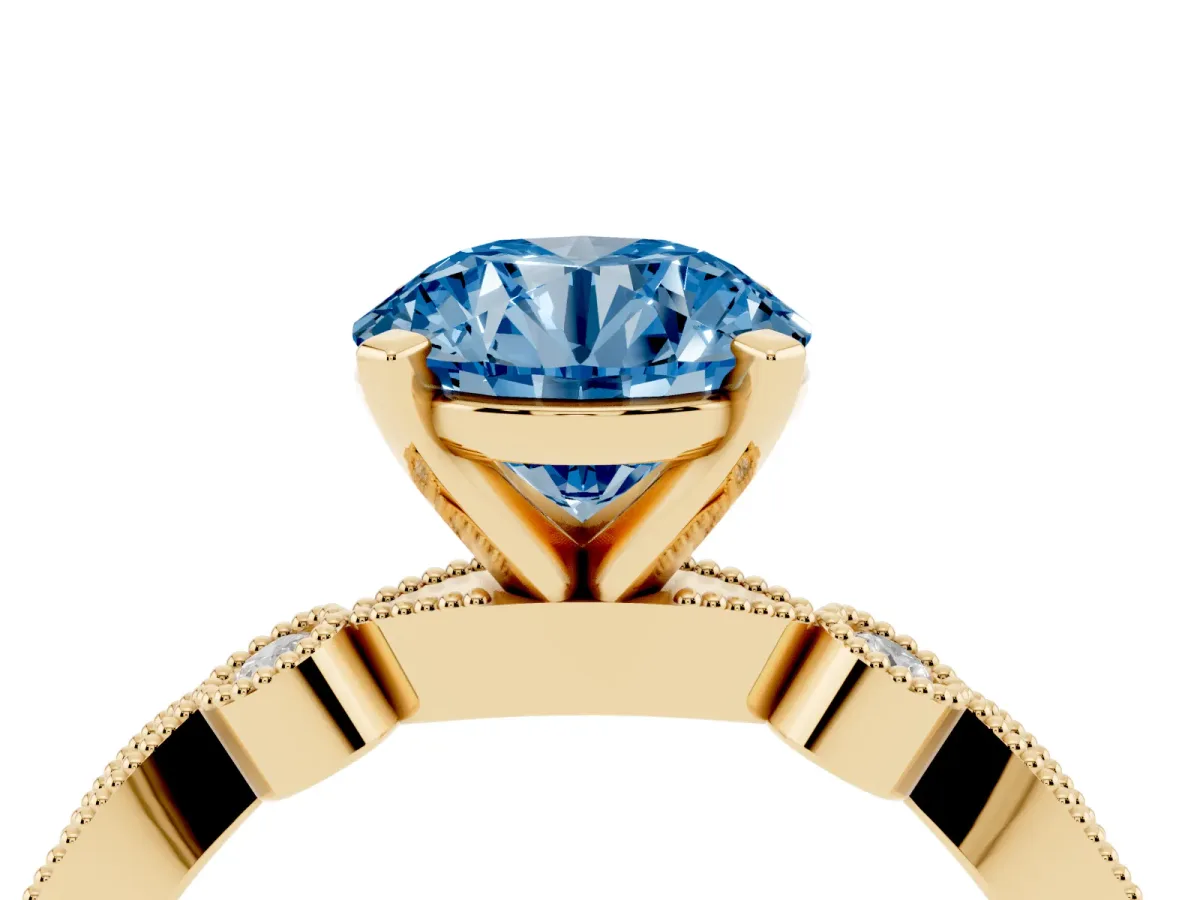 Fancy Blue Round Cut Milgrain Bezel Diamond Engagement Ring with Solitaire Prong Setting Yellow gold
