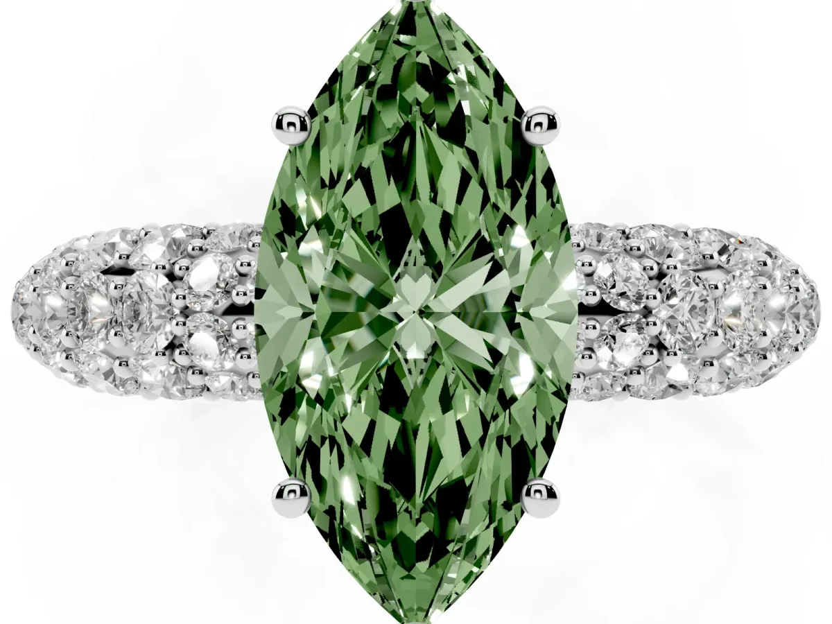 Fancy Green Marquise Cut Diamond Pavé Band Solitaire Ring with Four-Prong Setting Silver