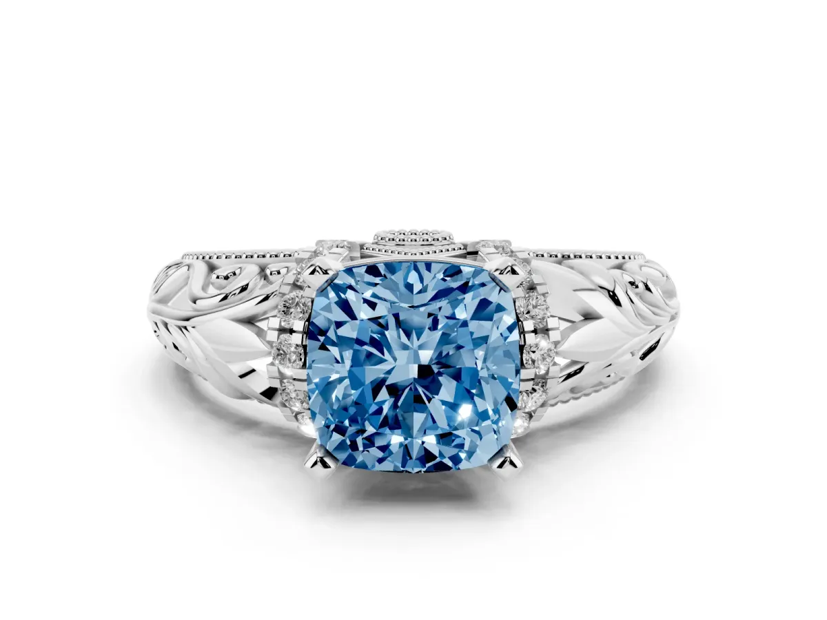 Fancy Blue Cushion Cut Solitaire Filigree Engagement Ring with Halo and Prong Setting Silver