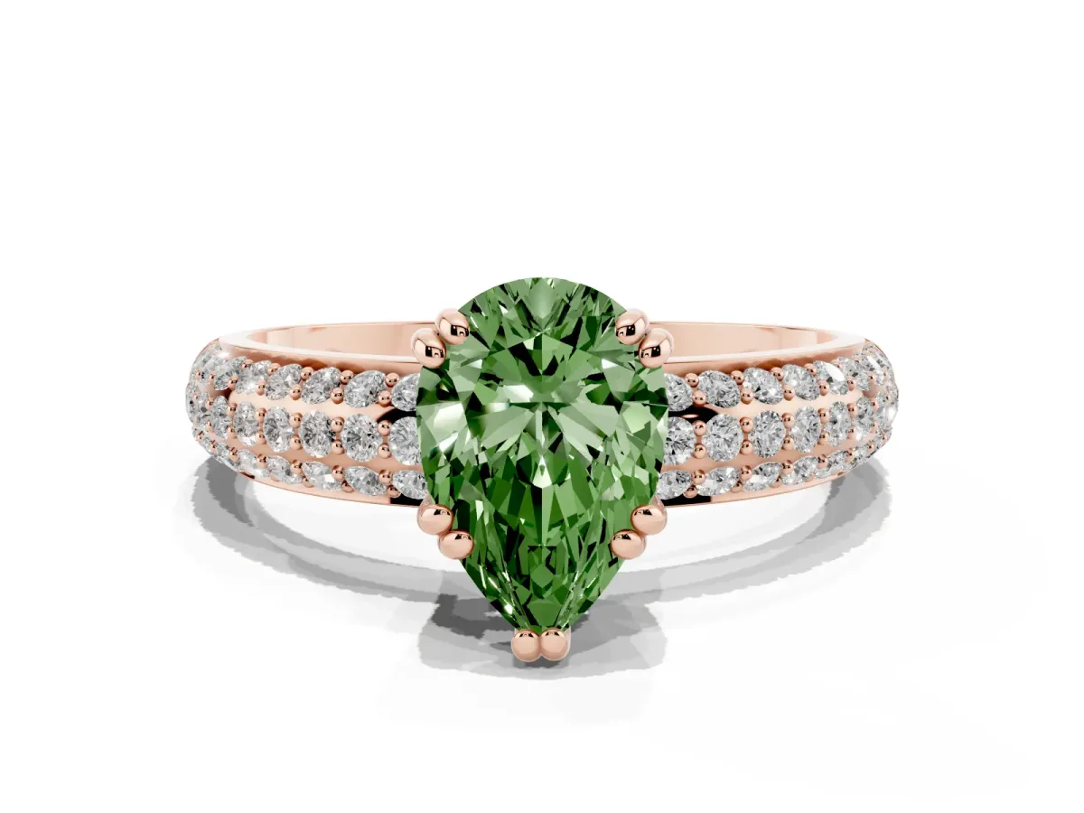 Fancy Green Pear Cut Diamond Solitaire Ring with Multi-Row Round Pavé Band and Prong Setting Rose gold