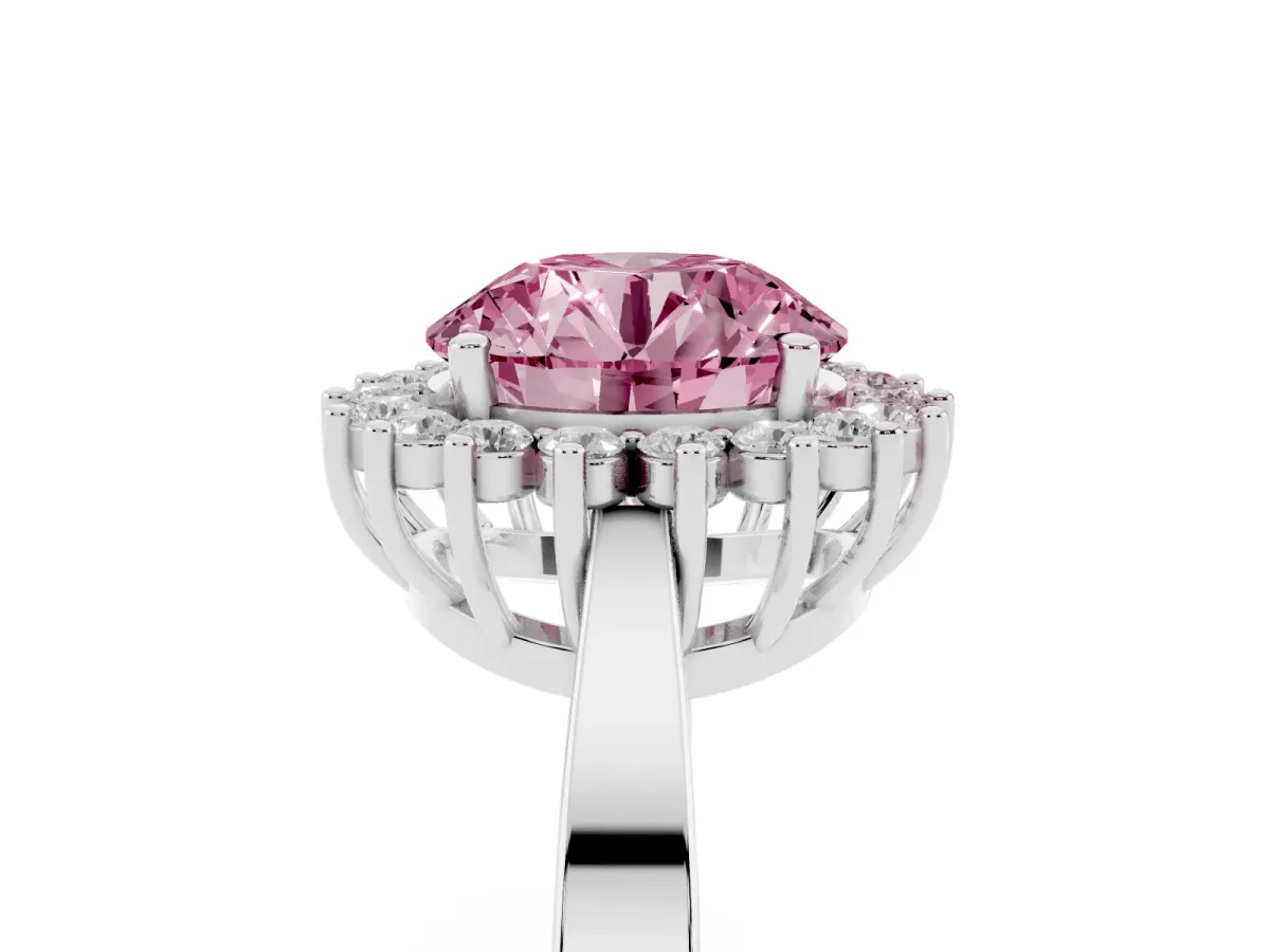 Fancy Pink Round Cut Cut Diamond Halo Ring with Round Brilliant Halo and Solitaire Band Platinum