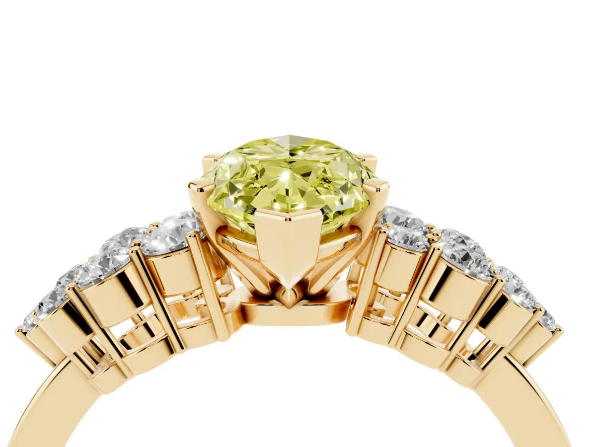 Fancy Yellow Marquise Cut Cluster Diamond Engagement Ring with Pavé Band and Four-Prong Setting Yellow gold