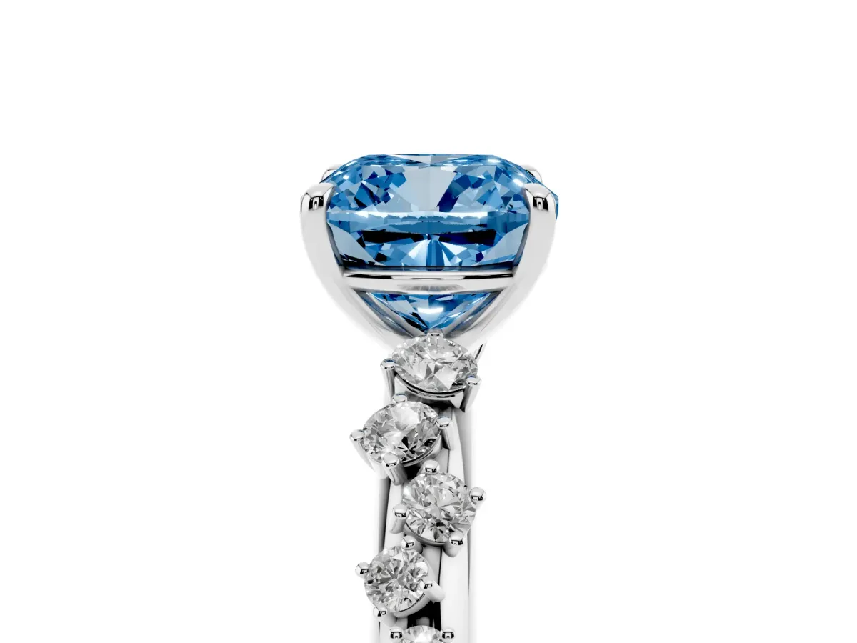 Fancy Blue Cushion Cut Diamond Cluster Prong-Set Solitaire Ring Platinum