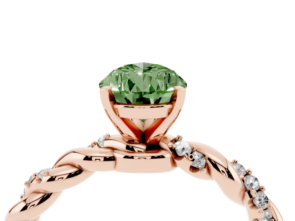 Fancy Green Pear Cut Diamond Solitaire Ring with Twisted Band and Pavé Accents Rose gold