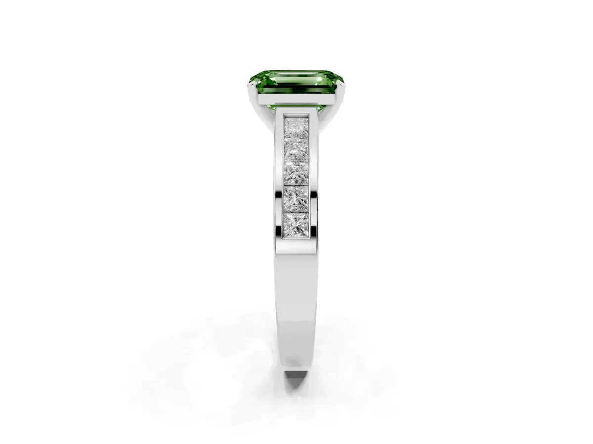 Fancy Green Emerald Cut Solitaire Diamond Ring with Channel-Set Band and Four-Prong Setting White gold