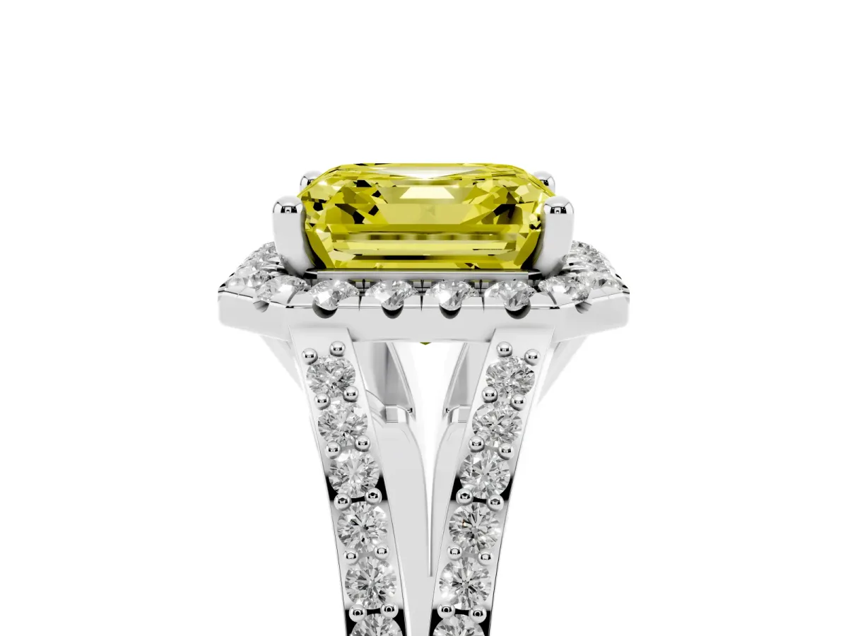 Fancy Yellow Asscher Cut Halo Split Shank Diamond Ring with Prong Setting Silver