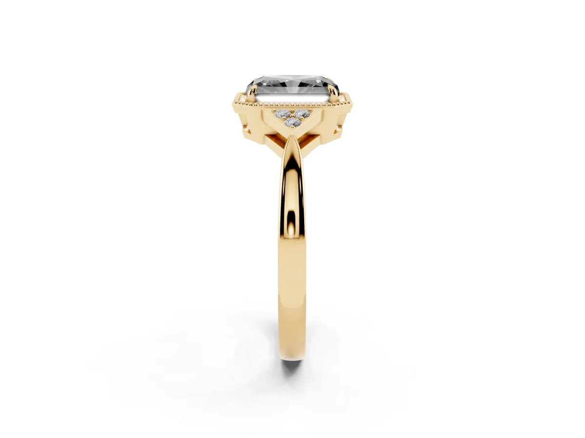 Fancy Black Hexagonal Halo Radiant Cut Diamond Solitaire with Pavé Band and Four-Prong Setting Yellow gold