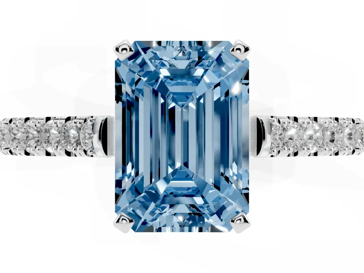 Fancy Blue Emerald Cut Cut Solitaire Diamond Engagement Ring with Pave Band and Four-Prong Setting Silver