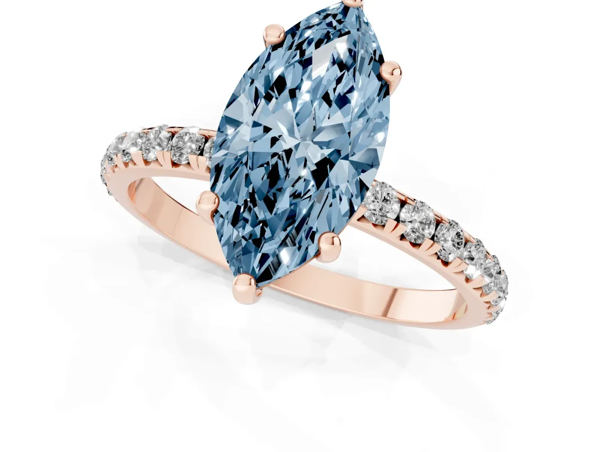 Fancy Blue Marquise Cut Cut Diamond Solitaire Ring with Micro Pave Band and Four Prong Setting Rose gold