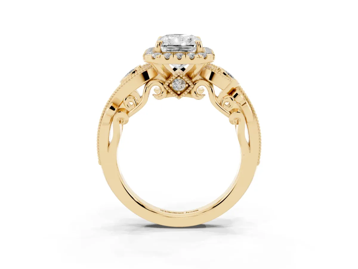 Radiant Cut Halo Diamond Ring with Milgrain and Bezel Accents on a Split Shank Band Yellow gold
